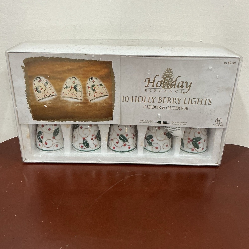 Vintage Holly Berry Indoor/Outdoor Christmas Holiday Bells String Lights